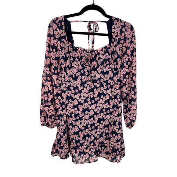 Lush NWT Floral Print Tie Front Long Sleeve Mini Dress Size S Navy Blue Pink - Picture 3 of 12